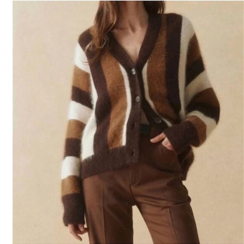 Industry Fuzzy Eyelash Knit Striped Cardigan Brown Tan Cream V-Neck  Women's XL